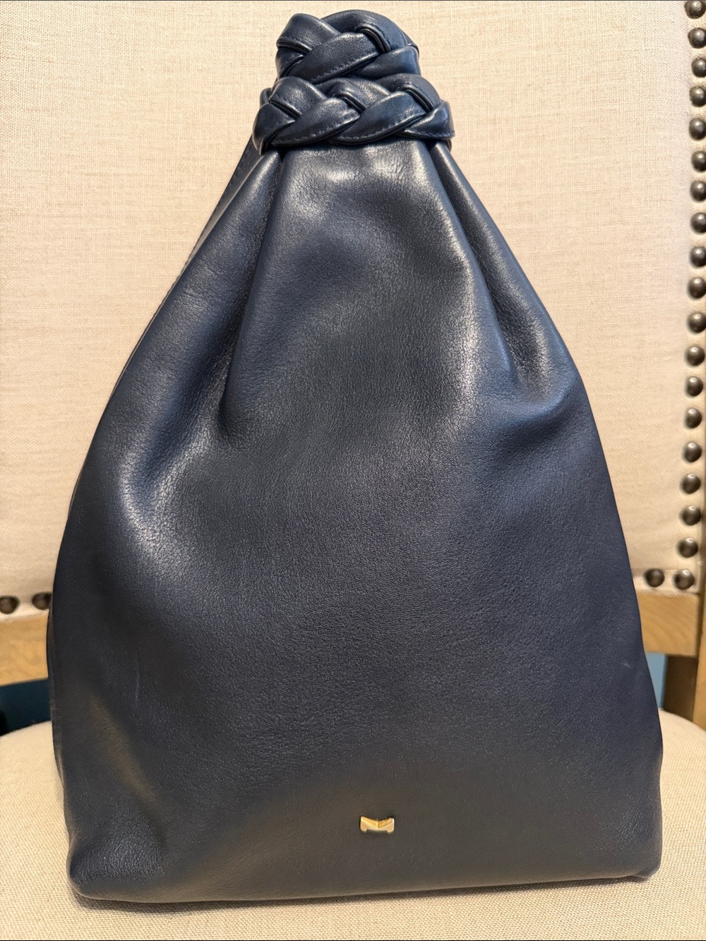 Vintage Navy Leather Knot-Top Mini Hobo Backpack